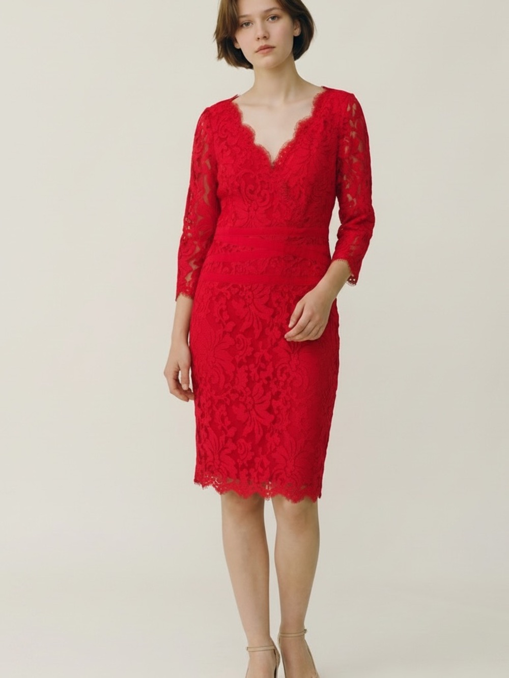 Tadashi Shoji Red Lace V-Neck Midi Dress size 16
